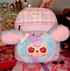 Kids light pink backpack with plush character front and pink gingham top panel
