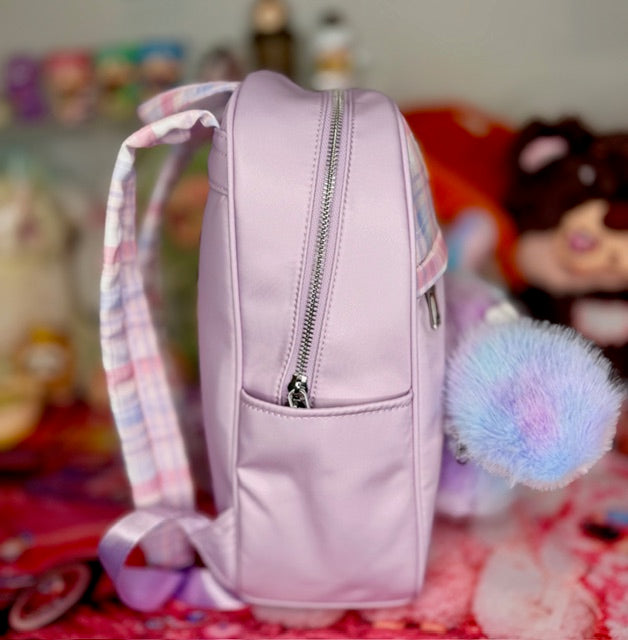Lavender kids backpack with side zipper pocket and pink gingham strap