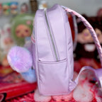 Lavender kids backpack with front zipper and pink gingham side panel