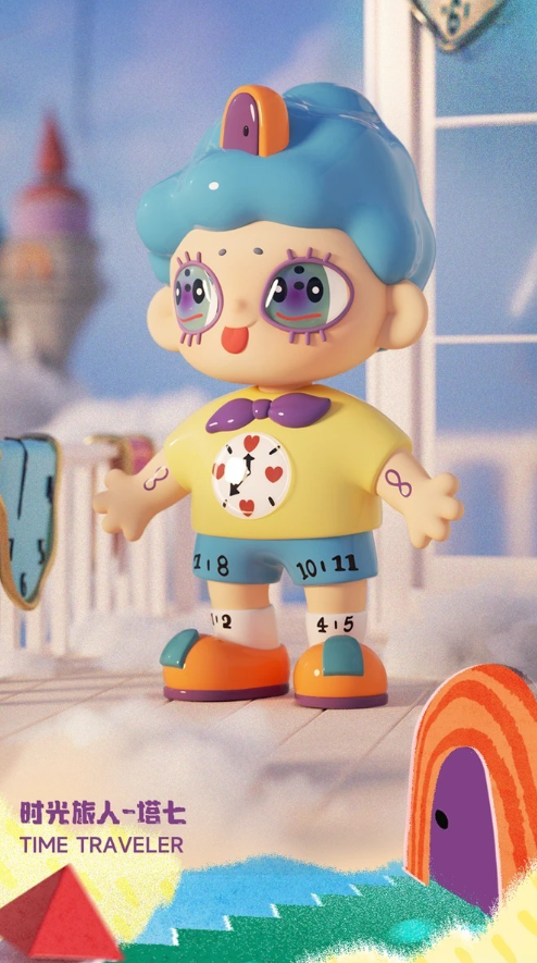Cartoon blind box figure with blue hair, yellow shirt with playing card print, orange shoes