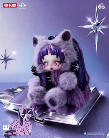 Gray bear-suit character pendant on card with purple hair and star sparkles