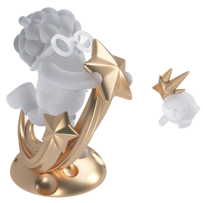 White and gold star-themed vinyl figure with cloud hair and meteor accents
