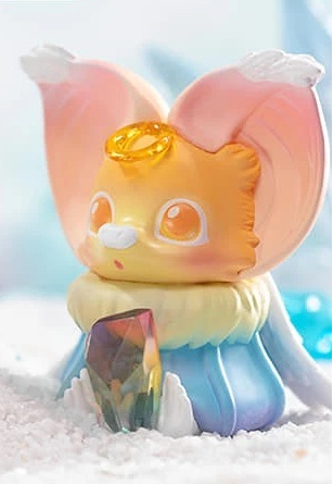 Light blue winged collectible figure with gold crown, holding a dark crystal piece on a white base