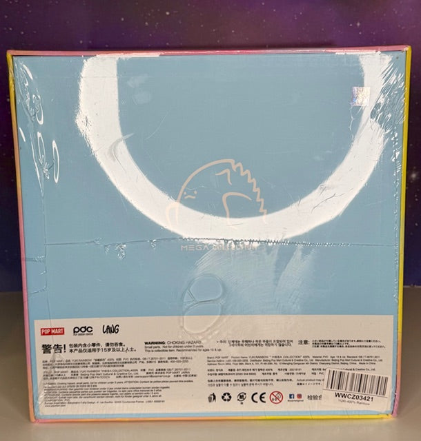 Product box back with printed icons and warning label, light blue graphics