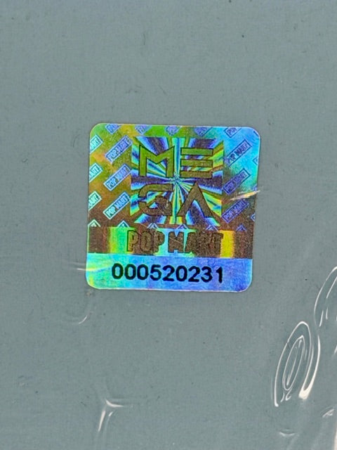 Holographic label with blue-green artwork and code number 000520231