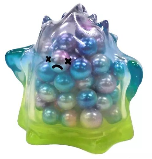 Transparent blue and purple jelly figure with cute face, chunky bead-like body.